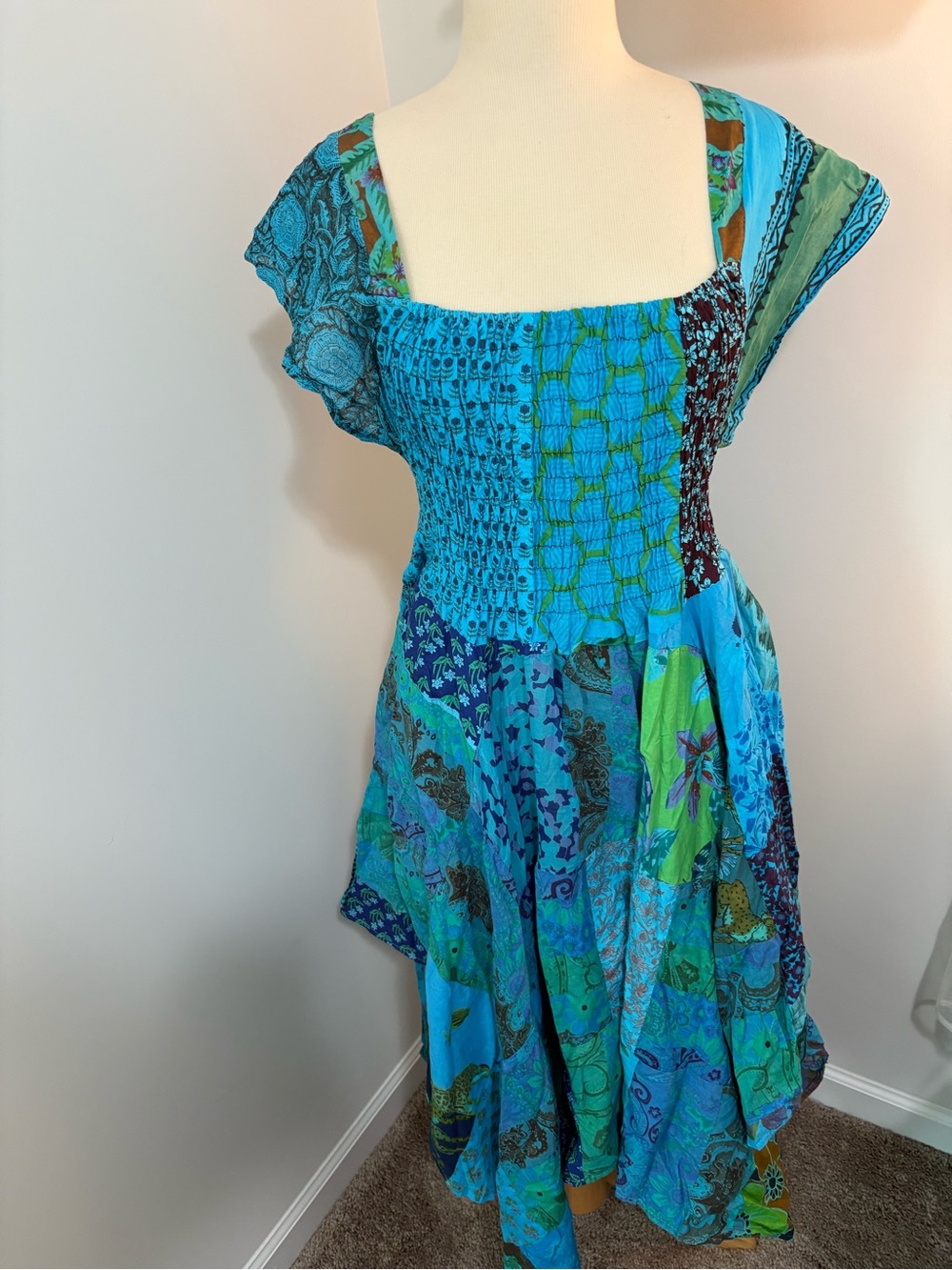 Boho Turquoise Patchwork Midi Dress